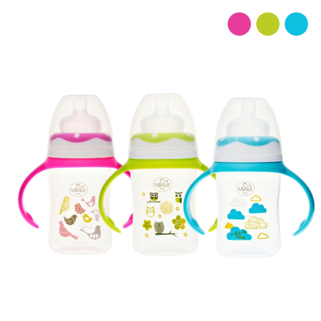 Alimentatie bebe - Biberon gat larg  cu manere 150 ml cu tetina silicon 0+ Minut Baby