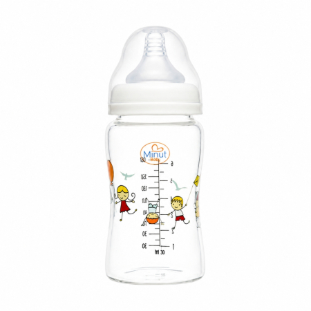 Biberoane, tetine si accesorii - Biberon sticla borosilicat gat larg Minut Baby 180 ml 0+