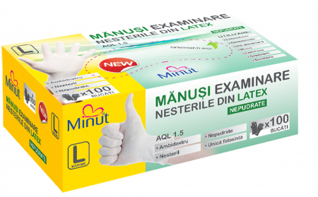 Manusi de unica folosinta - Manusi examinare latex nepudrate Minut, marimi L albe