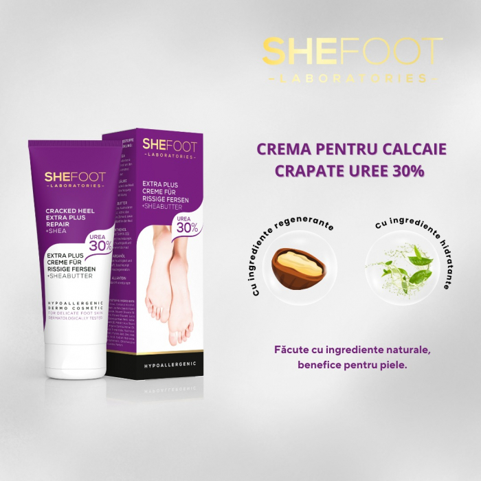 Crema pentru calcaie crapate cu 30% uree, unt de shea, ulei de argan si pantenol, Shefoot 75 ml [2]