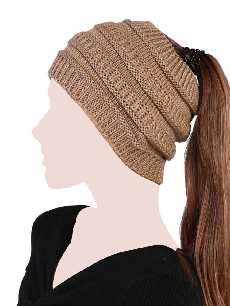 Caciula tricotata cu orificiu pentru coada de cal, model gros, stil casual de iarna - Maro [2]