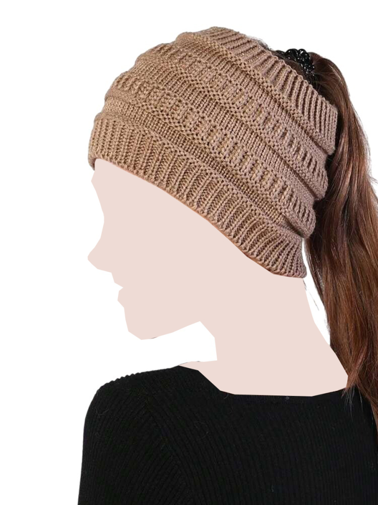 Caciula tricotata cu orificiu pentru coada de cal, model gros, stil casual de iarna - Maro [3]