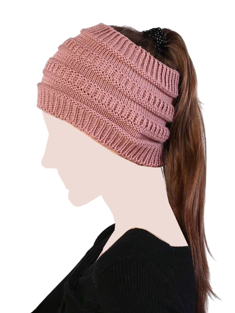 Caciula tricotata cu orificiu pentru coada de cal, model gros, stil casual de iarna - Roz [2]