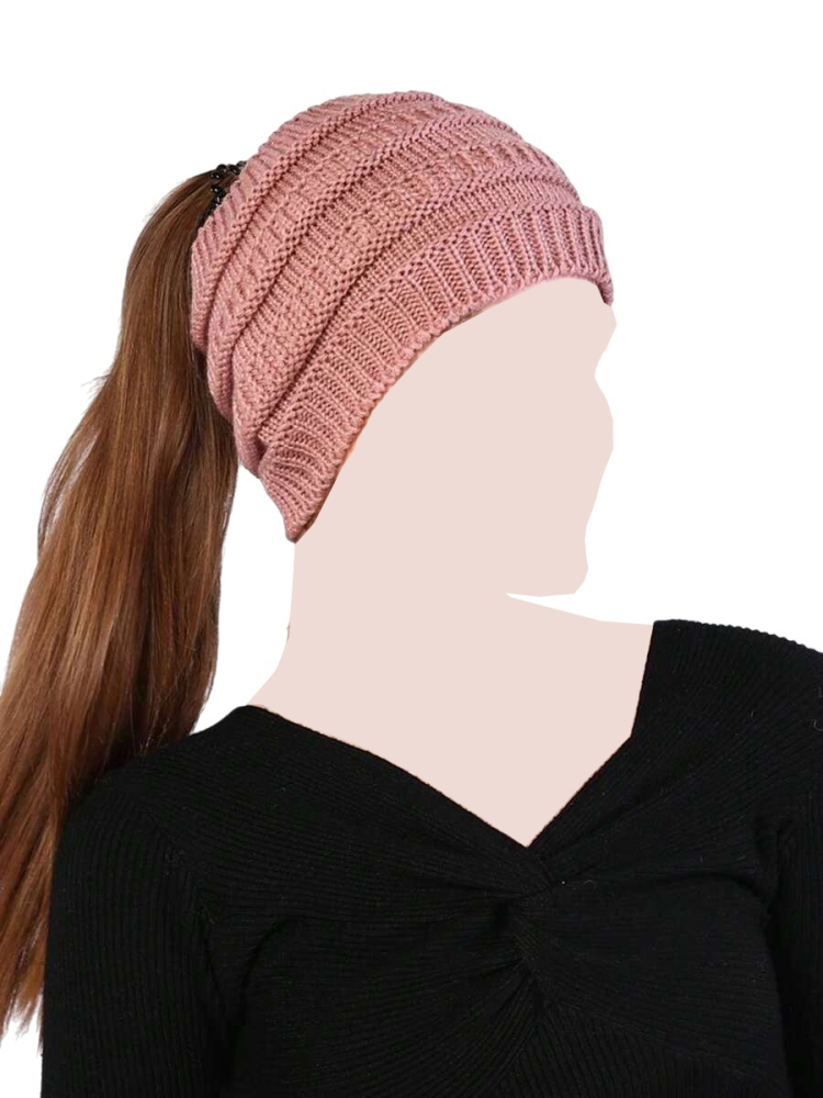 Caciula tricotata cu orificiu pentru coada de cal, model gros, stil casual de iarna - Roz [3]