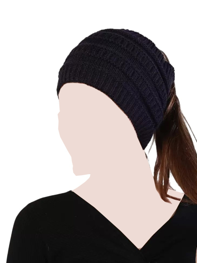 Caciula tricotata cu orificiu pentru coada de cal, model gros, stil casual de iarna - Negru [1]