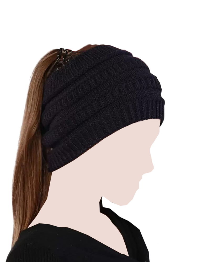 Caciula tricotata cu orificiu pentru coada de cal, model gros, stil casual de iarna - Negru [3]