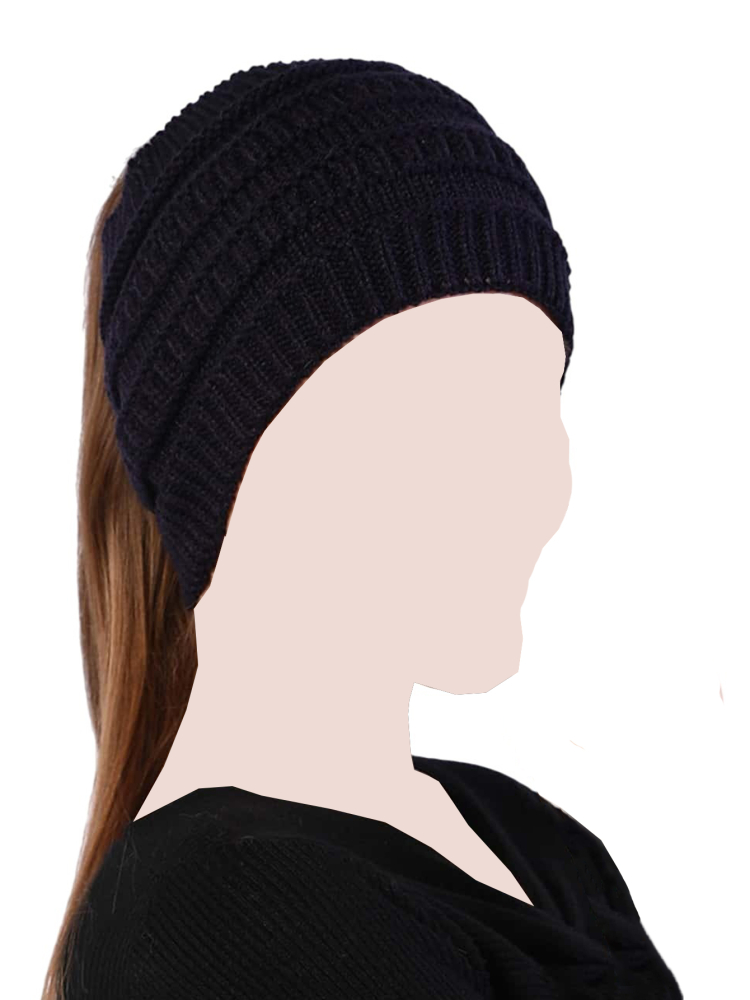 Caciula tricotata cu orificiu pentru coada de cal, model gros, stil casual de iarna - Negru [2]