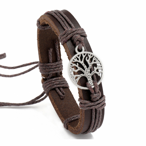 Accesorii Barbati - bratara-din-piele-pandantiv-copac-maro