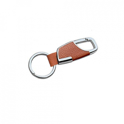 Brelocuri - breloc-din-piele-cu-carlig-metalic-inel-breloc-cu-insertie-piele-maro-argintiu