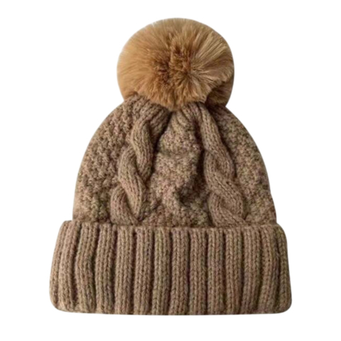 Caciuli si Palarii Dama - Caciula tricotata groasa cu pompon, imblanita pe interior, stil casual de iarna - Maro