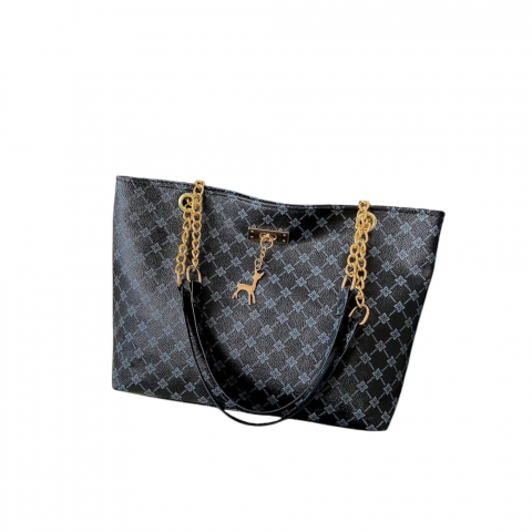 FASHION FEMEI - geanta-de-umar-model-imprimeu-geometric-si-lanturi-aurii-negru-27x22x10-cm