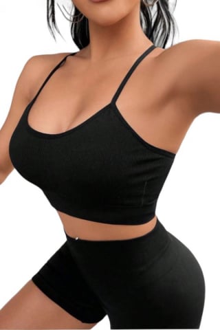 Echipament sport / Compleuri - set-fitness-din-2-piese-top-fara-spate-colanti-scurti-cu-efect-push-up-negru-mar