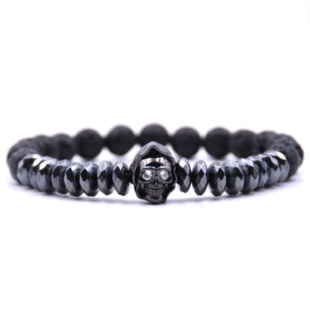BRATARI BARBATI - Bratara Prize Skull Black AVAMSI din roca vulcanica, pietre semipretioase, unisex, reglabila BB81