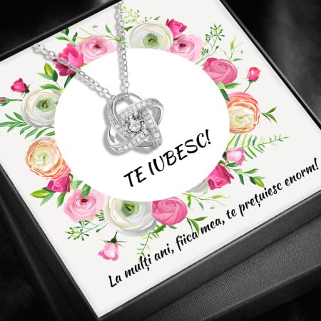 CADOU FIICĂ - Set Cadou Fiică LD741W – Colier cu Pandativ Love Knot din Argint 925 placat cu rodiu, Cutie Elegantă și Felicitare Personalizată