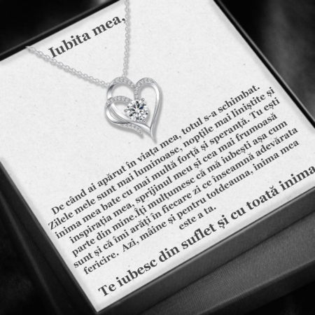 CADOU IUBITĂ - Set Cadou pentru Iubită – Colier cu Pandantiv Inima Eternă din Argint 925 Placat cu Rodiu, Cutie Elegantă și Felicitare cu Mesaj