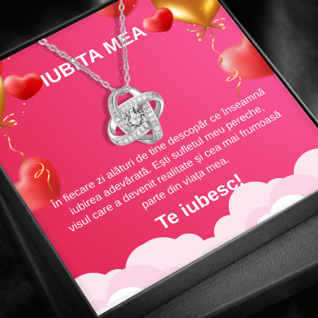 CADOU IUBITĂ - Set Cadou pentru Iubită LD741T – Colier cu Pandantiv Love Knot din Argint 925 Placat cu Rodiu, Cutie Elegantă și Felicitare cu Mesaj