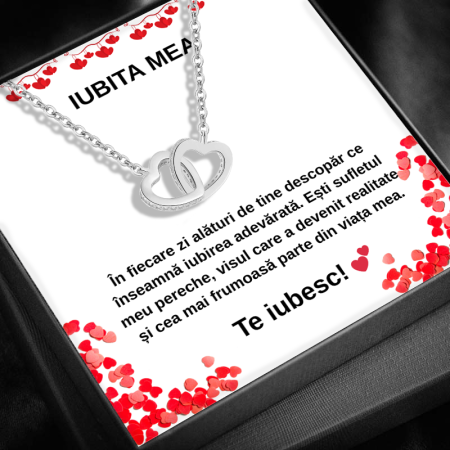 CADOU IUBITĂ - Set Cadou Iubita LD753R – Colier cu Pandantiv Inimi Pereche din Argint 925 Placat cu Rodiu, Cutie Eleganta si Felicitare cu Mesaj