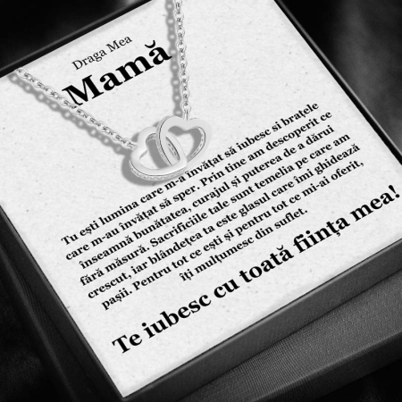CADOU MAMĂ - Set Cadou pentru Mamă – Colier cu Pandantiv Inimi Pereche din Argint 925 Placat cu Rodiu, Cutie Elegantă și Felicitare cu Mesaj