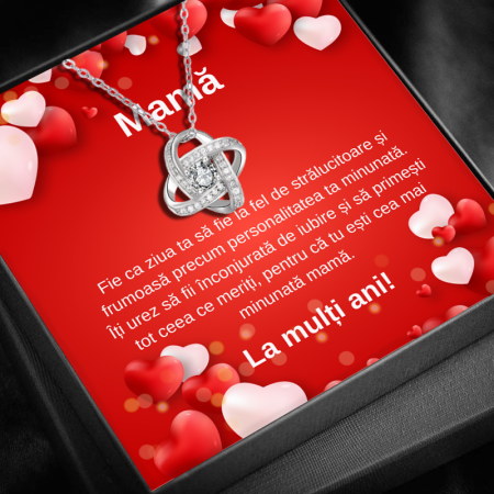 CADOU MAMĂ - Set Cadou Mamă – Colier cu Pandantiv Love Knot din Argint 925 Placat cu Rodiu, Cutie Elegantă și Felicitare cu Mesaj