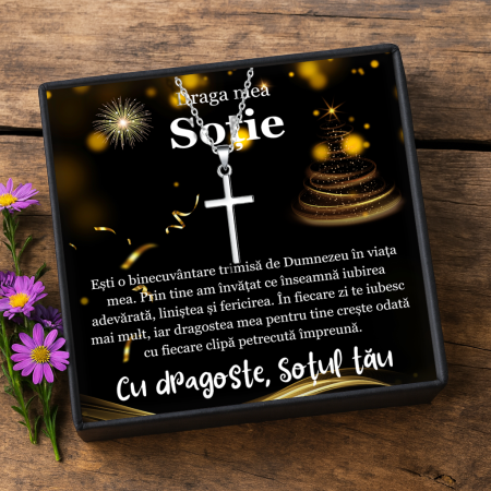 CADOU SOȚIE - Set Cadou Soție – Colier cu Pandantiv Cruce „Pacea Sufletului” din Argint 925 placat cu rodiu, Cutie Elegantă și Felicitare Personalizată