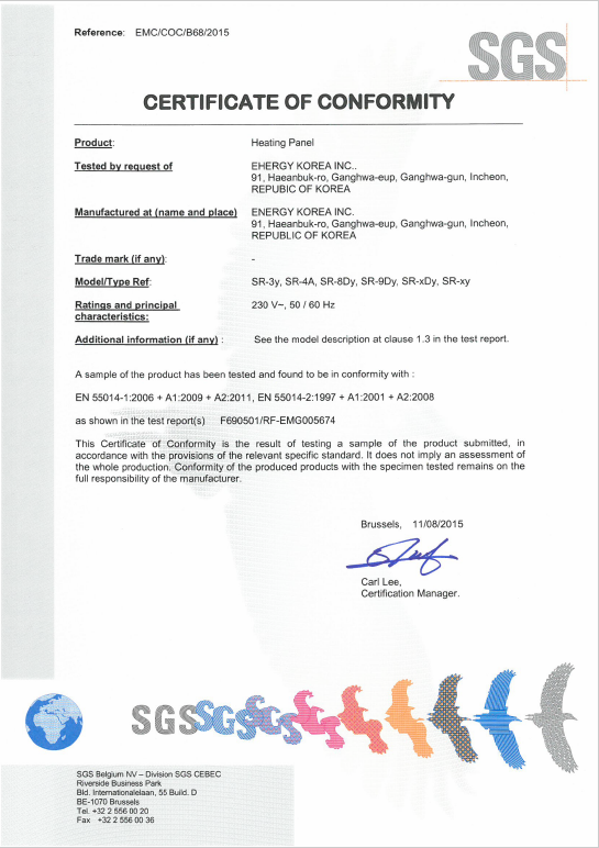 Certificat conformitate panouri radiante Energy Korea