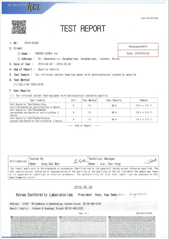 Certificat efect antibacterial Energy Korea