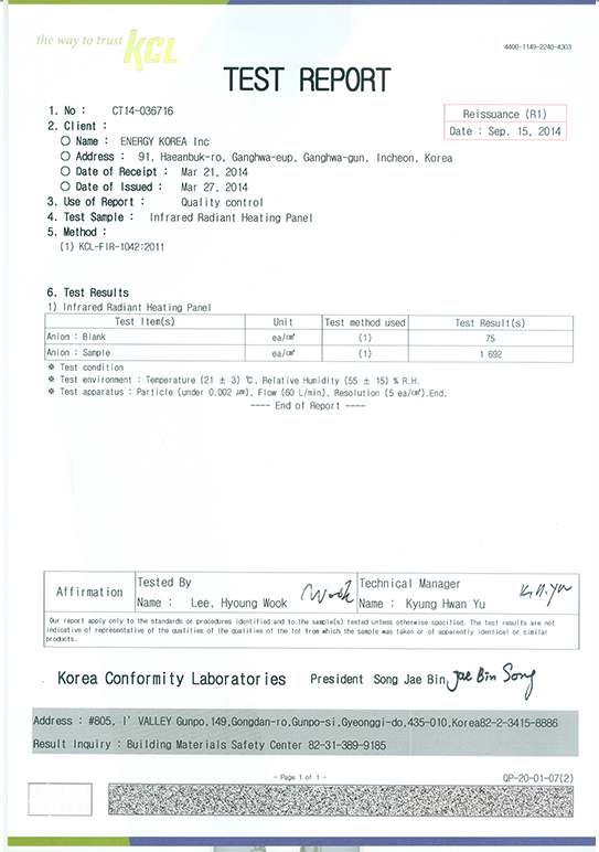 Certificat emisie ioni-negativi Energy Korea