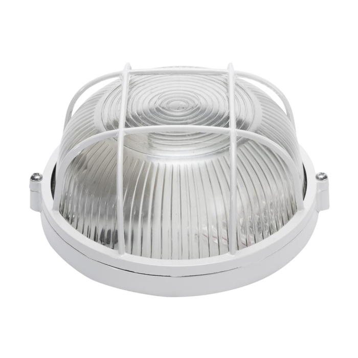 Corp BAT rotund alb cu dulie E27, dispersor din sticla clara si grilaj de protectie [2]