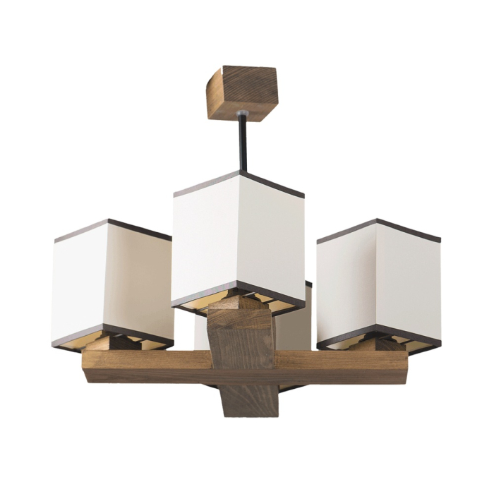Lustra decorativa cu finisaj nuc si patru abajururi textile albe pentru interior [2]