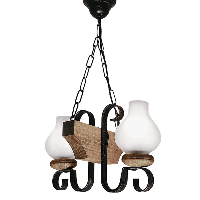 Lustra decorativa cu finisaj nuc din lemn si sticla pentru interior cu doua dulii E14 [2]