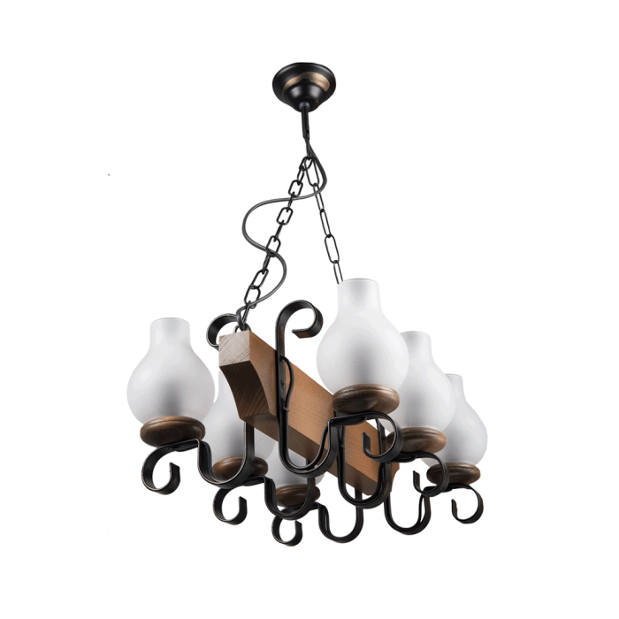 Lustra decorativa cu sase dulii E14 finisaj nuc metal negru si sticla alba [2]