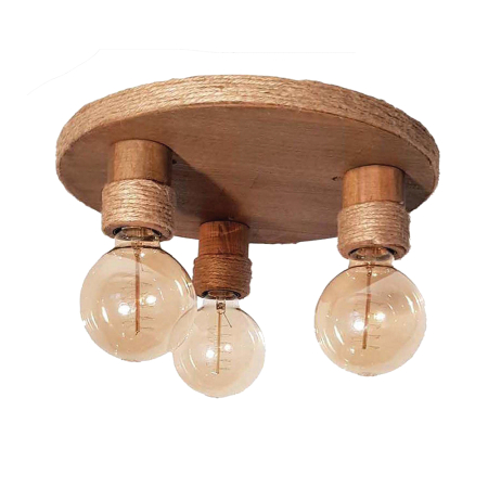 Corpuri iluminat interior - Aplica decorativa de tavan din lemn antic cu sfoara si trei dulii E27