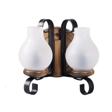 Corpuri iluminat interior - Aplica decorativa de perete cu doua dulii E14, finisaj nuc si abajururi din sticla alba