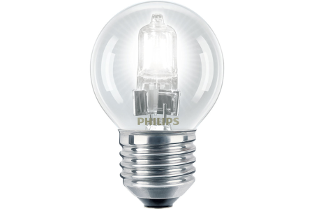 Surse de iluminat - Bec halogen sferic P45 18W cu soclu E27 si sticla transparenta
