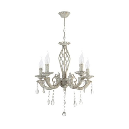 Lustra/pendul dulie - Candelabru alb vintage cu cinci dulii E14 si decoratiuni tip cristal