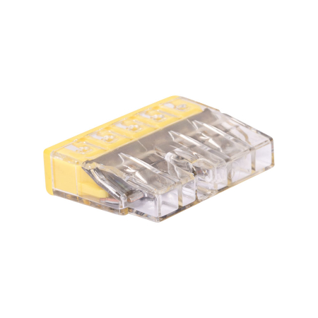 Cleme - Clema compacta cu 5 poli pentru conductori rigizi de la 0.5 la 2.5 mm2 cu carcasa transparenta si capac galben