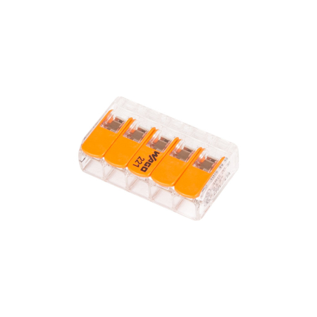 Cleme - Clema de legatura transparenta cu 5 poli si parghii portocalii pentru conductori de pana la 6 mm2
