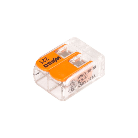 Cleme - Clema de legatura transparenta cu 2 poli si leviere portocalii pentru conductori de pana la 6 mm2
