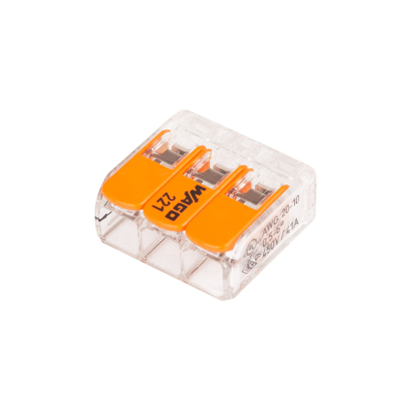 Cleme - Clema de legatura transparenta cu parghii portocalii si 3 poli pentru conductori de pana la 6 mm2