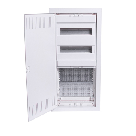 Tablou metalic - Cofret de distributie multimedia incastrat cu usa metalica perforata alba si sine DIN