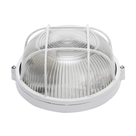 Plafoniere - Corp BAT rotund alb cu dulie E27, dispersor din sticla clara si grilaj de protectie