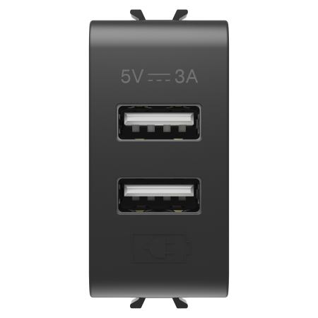Aparataj - Incarcator incastrabil cu doua porturi USB A 5V 3A negru satin format 1 modul