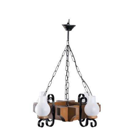 Lustra/pendul dulie - Lustra decorativa Davos cu finisaj antic, patru abajururi din sticla alba si dulii E14