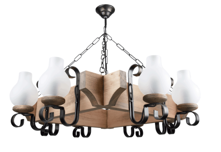 Lustra/pendul dulie - Lustra decorativa cu finisaj nuc si opt abajururi din sticla alba antichizata