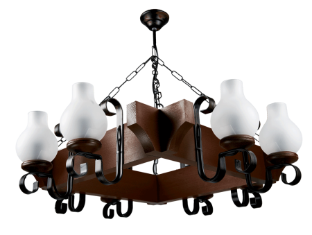 Surse de iluminat - Lustra decorativa wenge cu opt abajururi din sticla alba si dulii E14