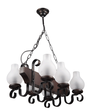 Lustra/pendul dulie - Lustra decorativa wenge din lemn si sticla alba cu sase dulii E14
