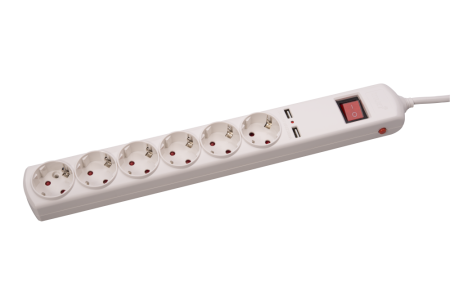 Prelungitoare si grupuri de prize - Prelungitor alb cu 6 prize Schuko, 2 porturi USB, intrerupator si cablu de 3 m