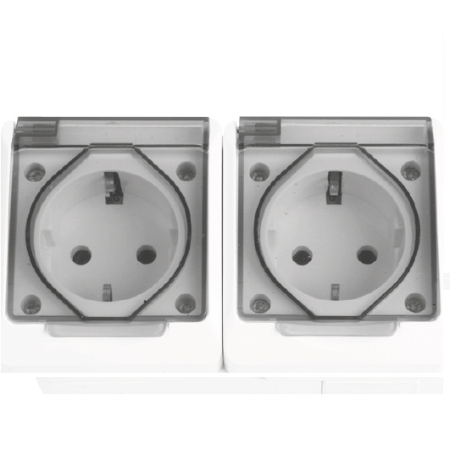 Modular - Priza dubla Schuko aplicata alba cu capac de protectie IP54