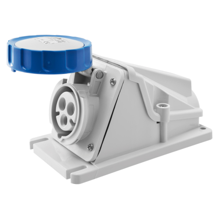 Fise si cuple - Priza industriala aparenta albastra 2P+E 16A IP67 cu iesire la 90 grade