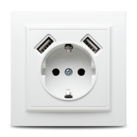 Aparataj - Priza Schuko alba cu doua porturi USB pentru montaj incastrat